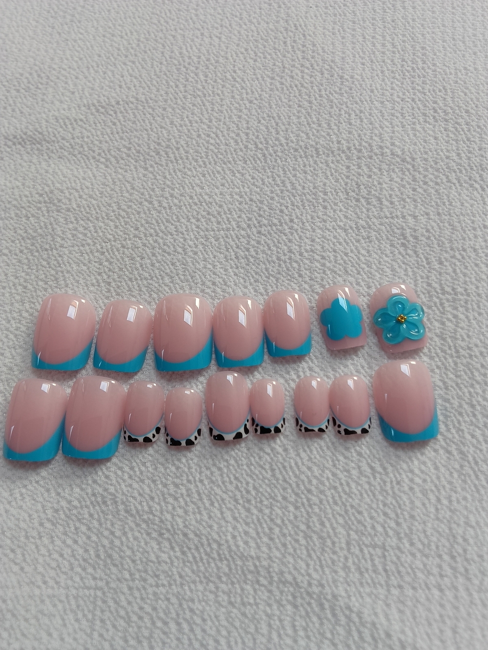 Blue French Tip Press-On Nail Set with Floral Accent